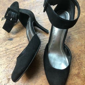 Black suede ankle strap heels